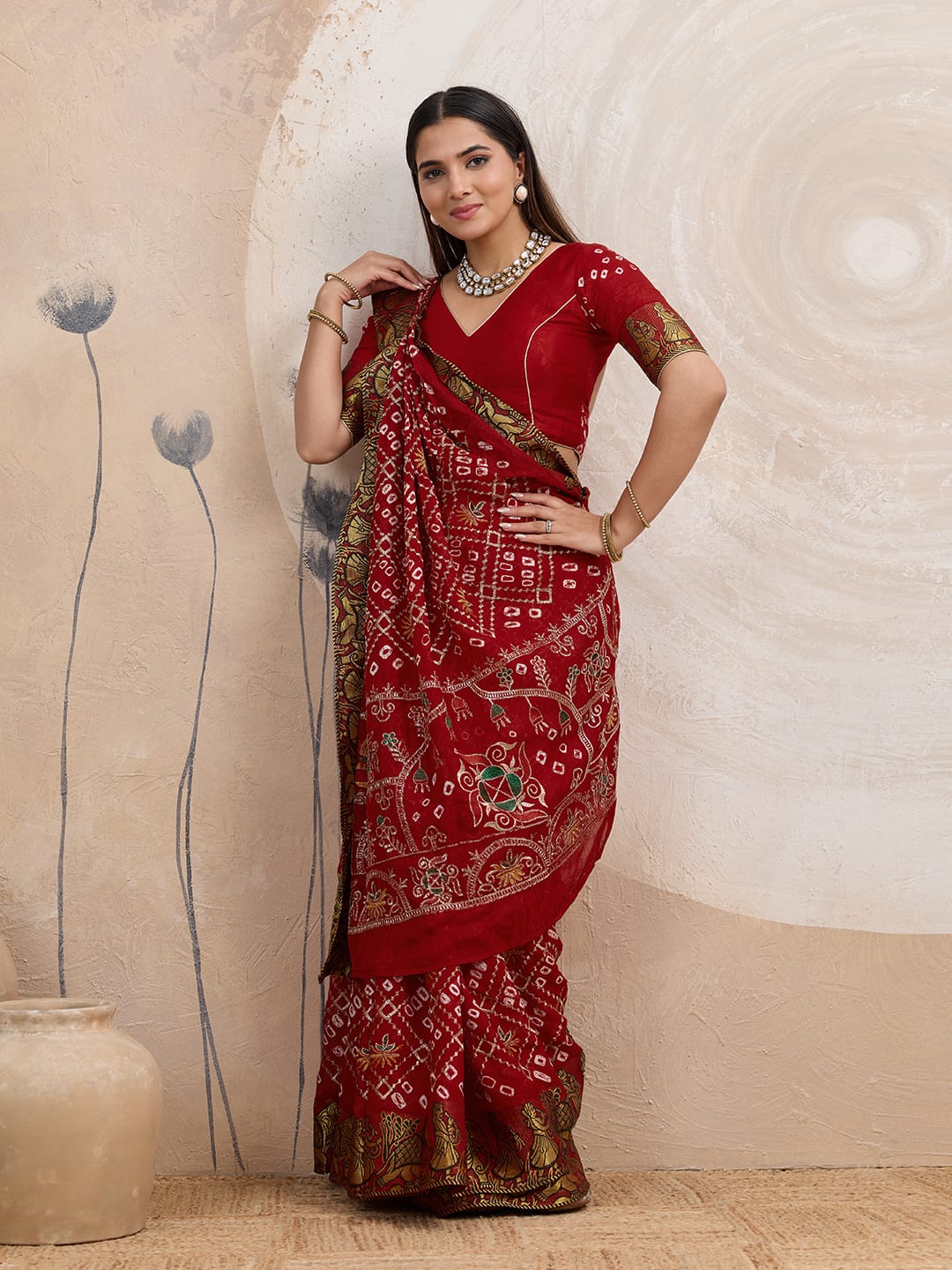 Maroon Gujarati Drape Ready-to-Wear Saree with Bandhani & Hand Embroidery