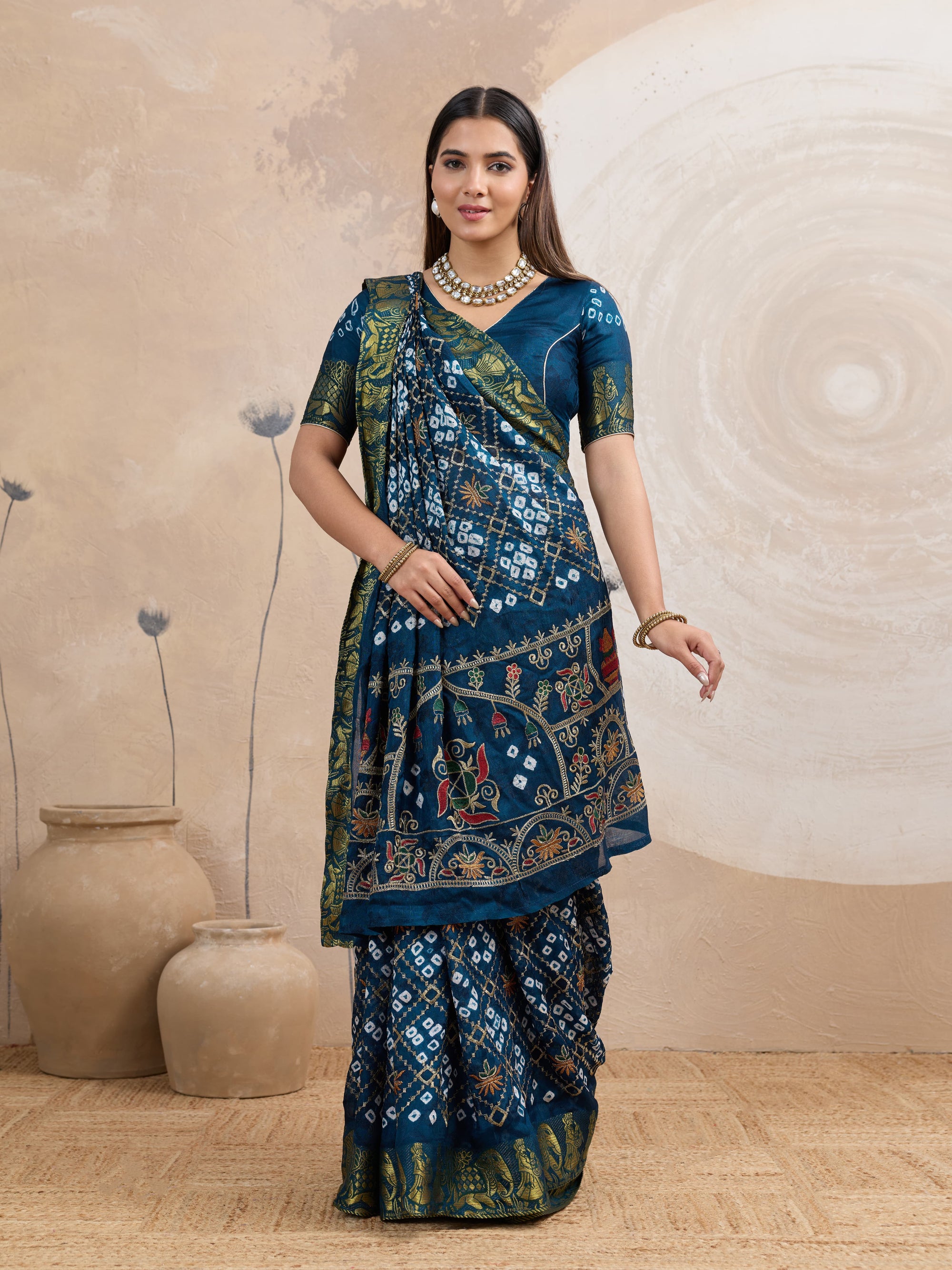 Teal Blue Gujarati Drape Ready-to-Wear Saree with Bandhani & Embroidery