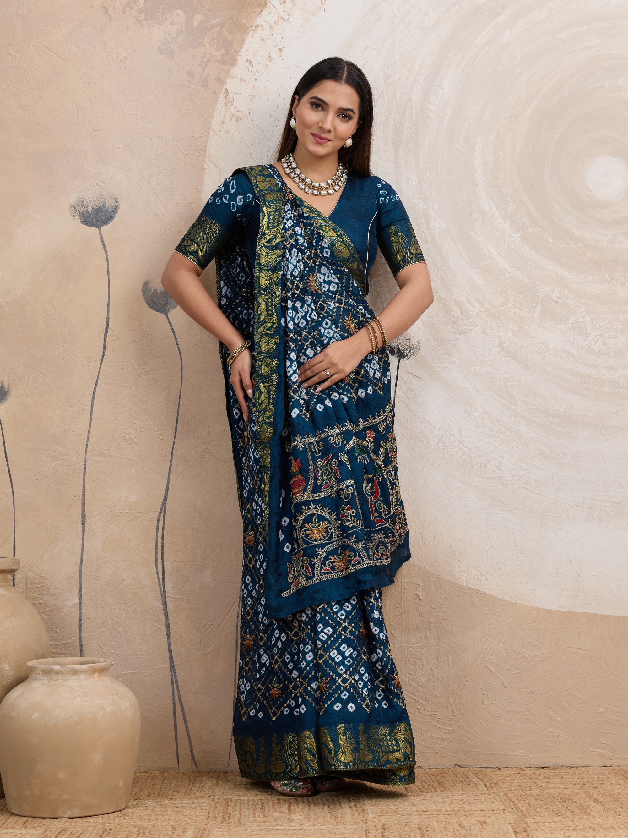 Teal Blue Gujarati Drape Ready-to-Wear Saree with Bandhani & Embroidery