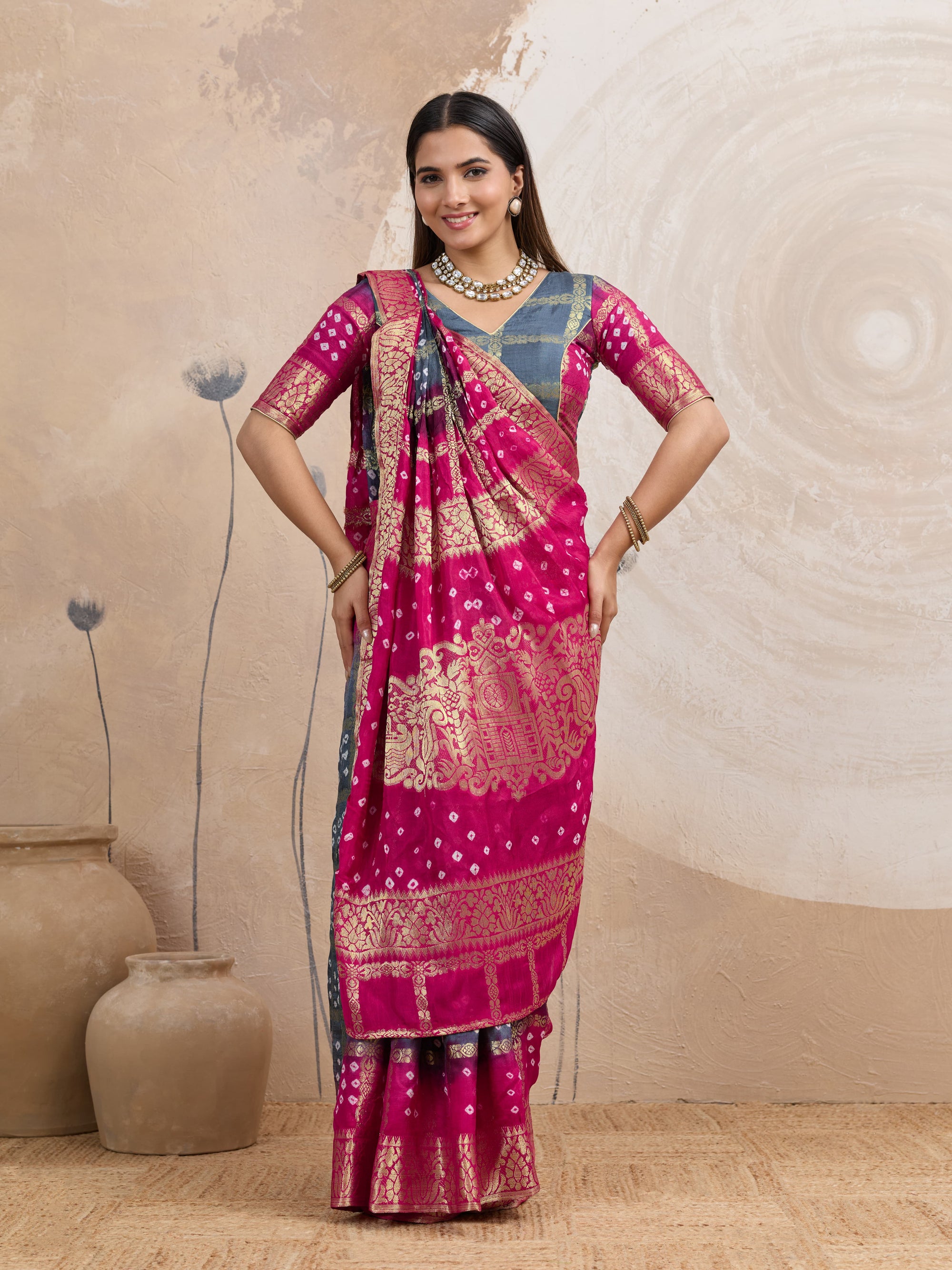 Magenta-Grey Dual Tone Gujarati Ready-to-Wear Bandhani Saree with Banarasi Border