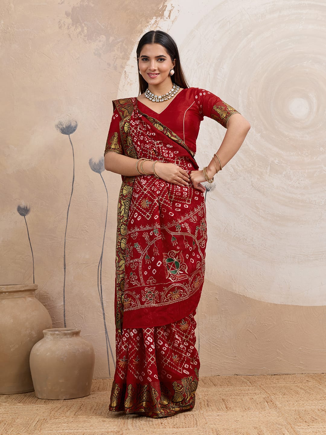 Maroon Gujarati Drape Ready-to-Wear Saree with Bandhani & Hand Embroidery