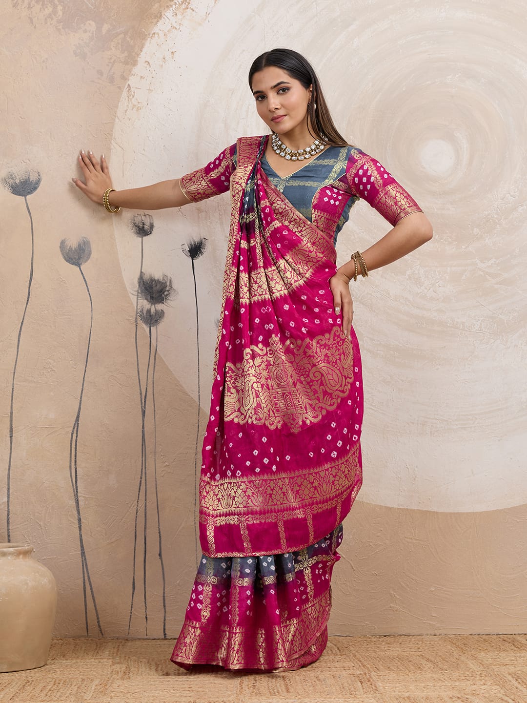 Magenta-Grey Dual Tone Gujarati Ready-to-Wear Bandhani Saree with Banarasi Border