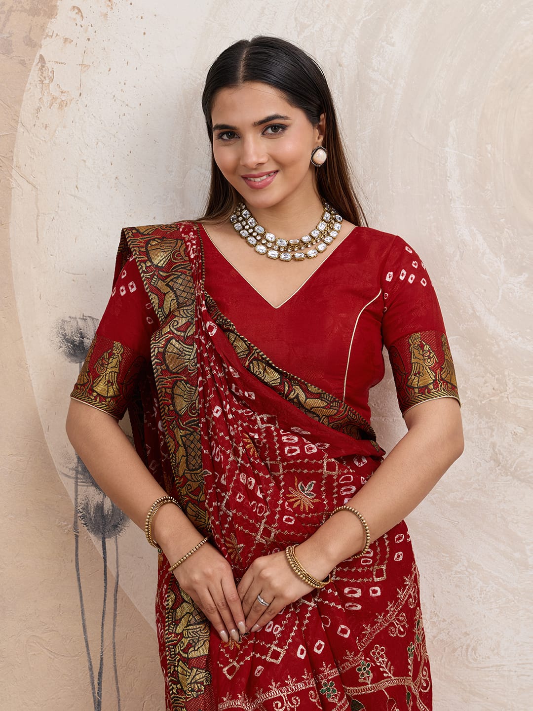 Maroon Gujarati Drape Ready-to-Wear Saree with Bandhani & Hand Embroidery