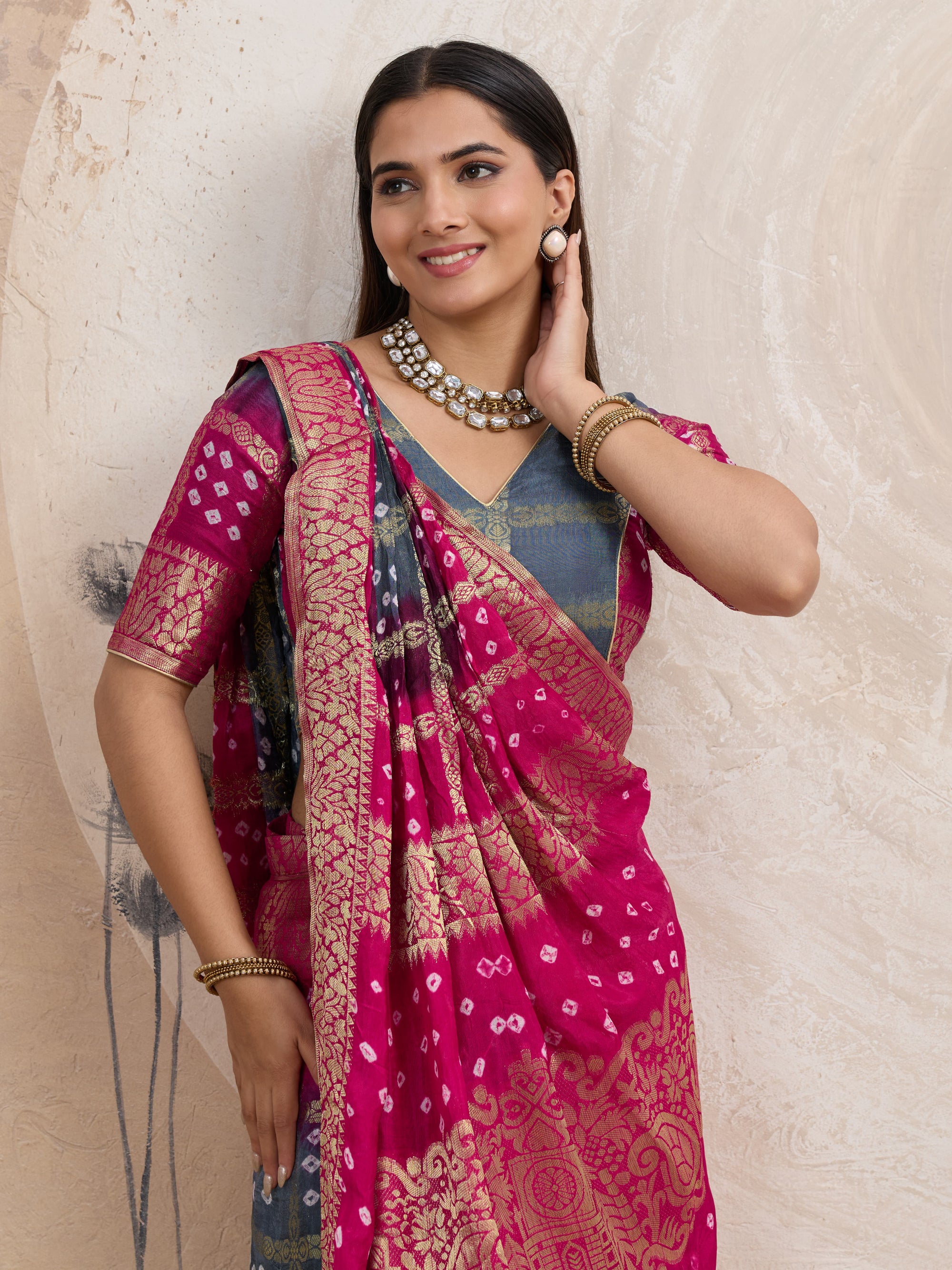Magenta-Grey Dual Tone Gujarati Ready-to-Wear Bandhani Saree with Banarasi Border